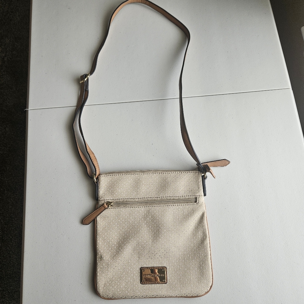 Tommy Hilfiger Women's Beige Canvas Crossbody Bag Adjustable Strap Pockets